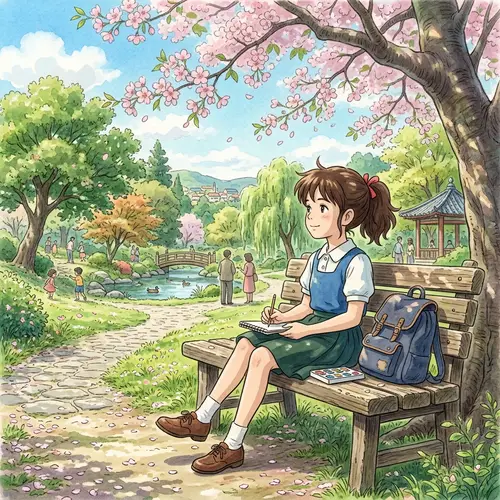 Girl in Ghibli Style Sitting in a Park