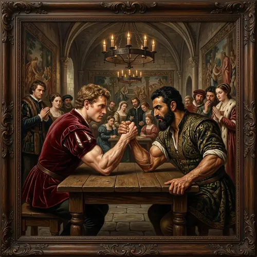 Muscular Men Renaissance Art Arm-Wrestling Scene