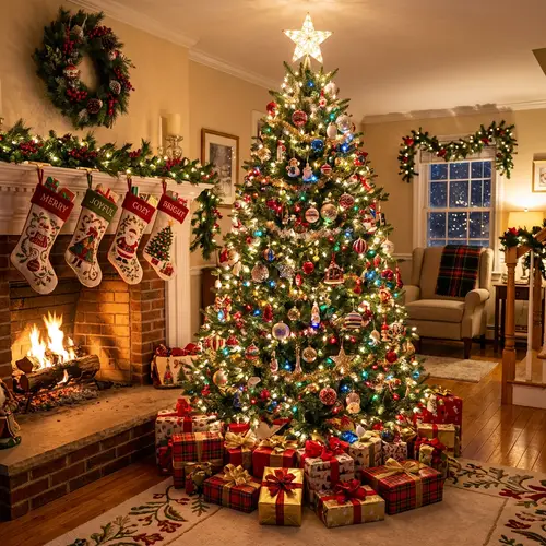 Vibrant Holiday Scene with Large Christmas Tree and Festive Decor