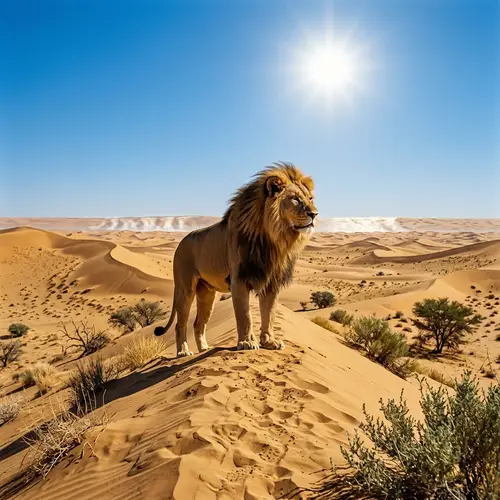 Majestic Lion Surveying Vast Realm in Desert Wilderness