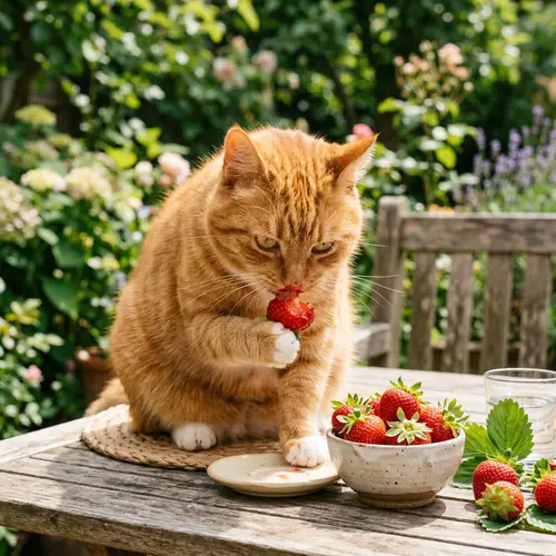 Red Cat Enjoying Strawberries