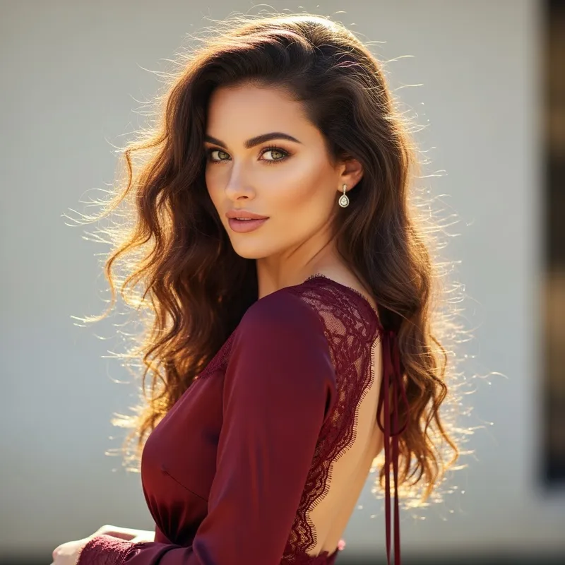 Elegant Woman in Burgundy Silk Dress - Radiant Beauty