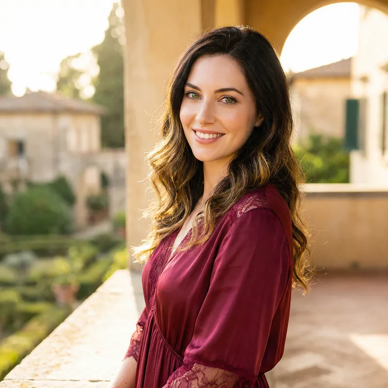 Elegant Woman in Burgundy Silk Dress - Radiant Beauty