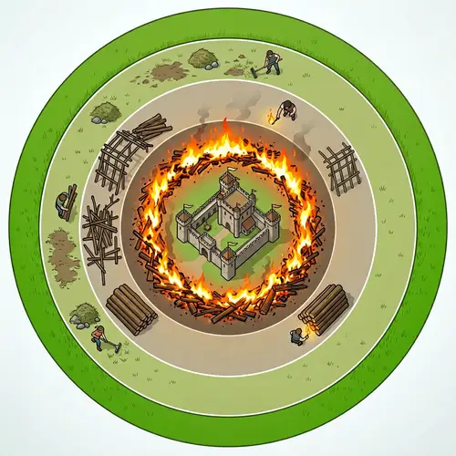 Castle surrounded by 5 Distinct Rings of Wood and Fire