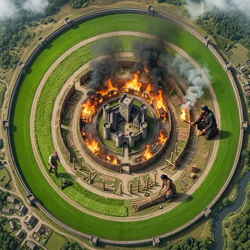Medieval Castle Surrounded by Distinctive Rings of Wood and Fire
