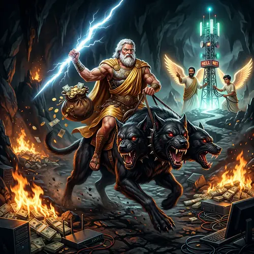 Zeus Rides Cerberus in the Underworld