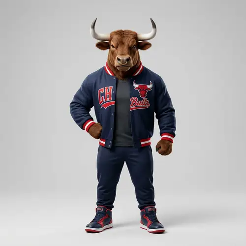 Brown Bull in Blue Jacket - Chicago Mascot Style
