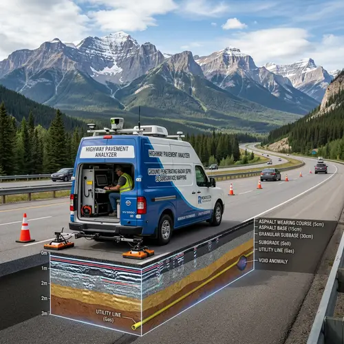 8K Photorealistic Image: Highway Van Pavement Analyzer & Radar Scan