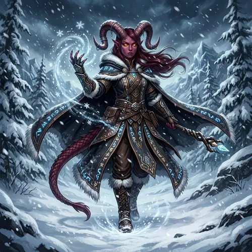 Tiefling Woman Sorcerer Embracing Winter Magic