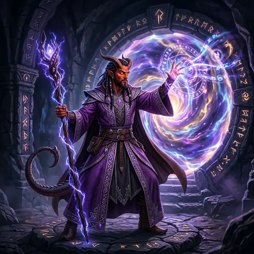Hispanic Tiefling Sorcerer wielding elderwood staff in vibrant amethyst robes