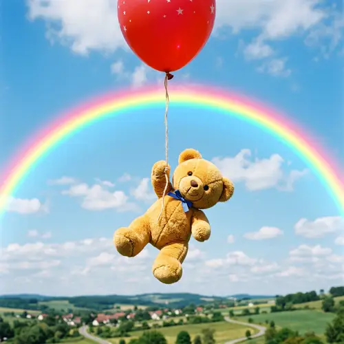 Teddy Bear with Balloon in Air: A Rainbow Adventure