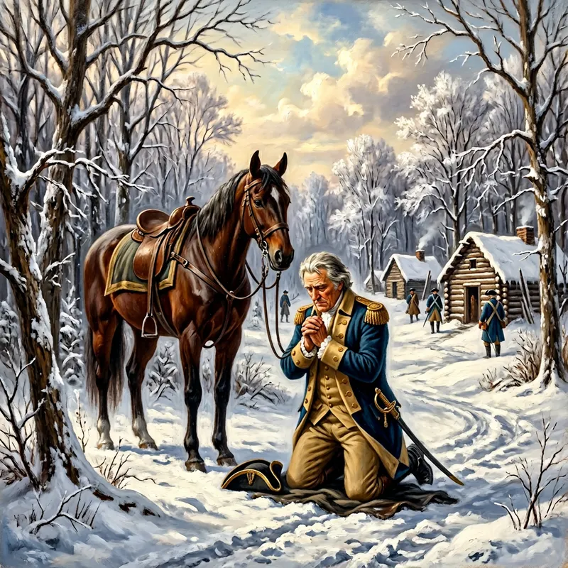 George Washington Kneeling and Praying at Valley Forge in Thomas Kinkade Style