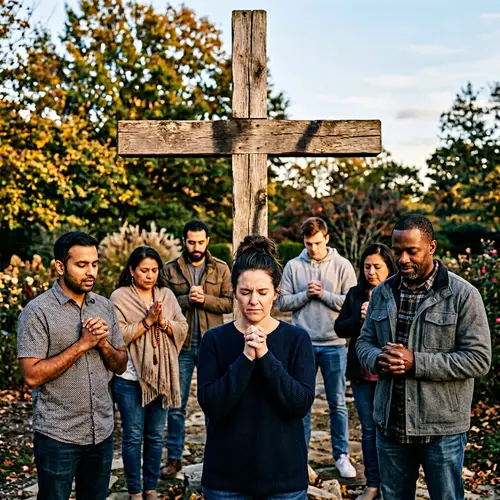 Diverse Group in Prayer with Wooden Cross - Spiritual Moment