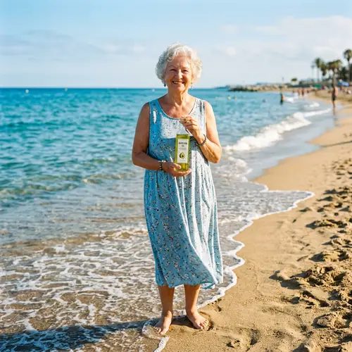 Happy Elderly Woman with Avocado Oil at Beach