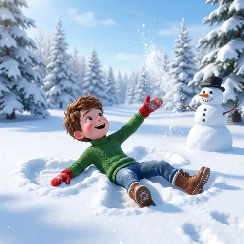 3D Snow Play: Joyful Caucasian Boy in Snowy Landscape