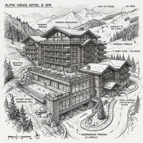 Luxury Mountain Hotel Architectural Sketch