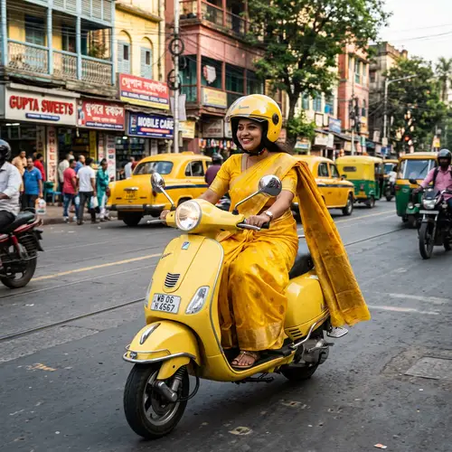 Woman in Yellow Sari Riding a Yellow Vespa