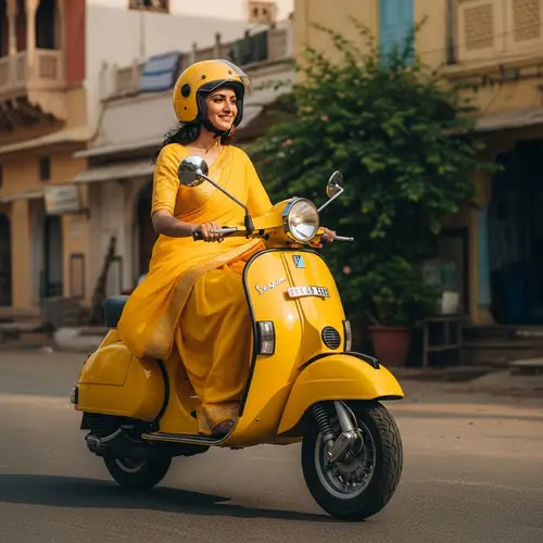 Woman in Yellow Sari Riding a Yellow Vespa