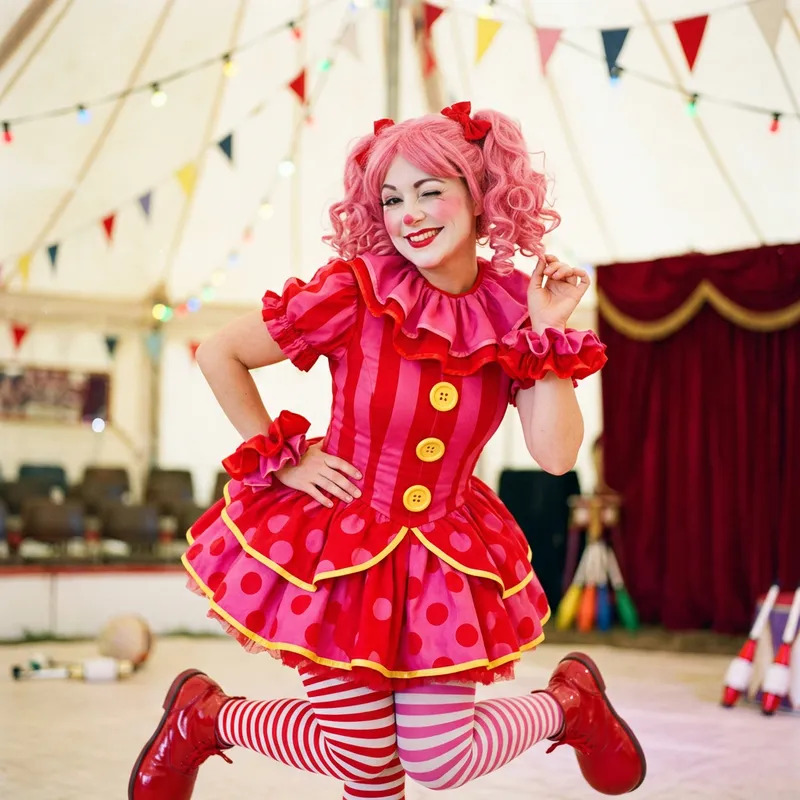 Winking Sexy Clown in Red and Pink Costume