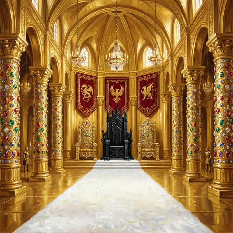 Fantasy Throne Room Art: Golden Hall with Three Thrones