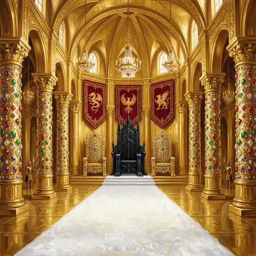 Fantasy Throne Room Art: Golden Hall with Three Thrones