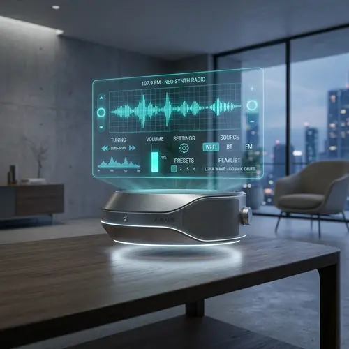 Futuristic Radio on Minimalist Table with Holographic Controls