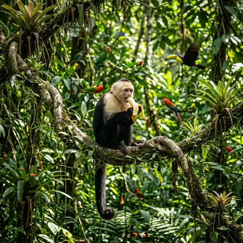 Monkey Eating Banana in Lush Rainforest | Wildlife Scene