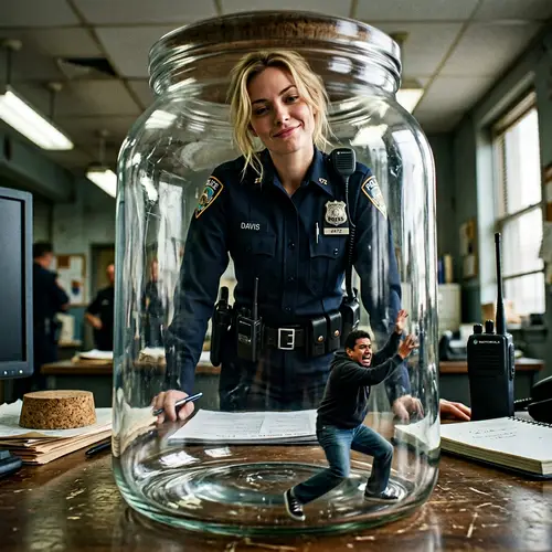 Cinematic Perspective of a Smirking Blonde Student Policewoman