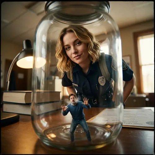 Confident Blonde Student Policewoman and Trapped Man in Glass Jar