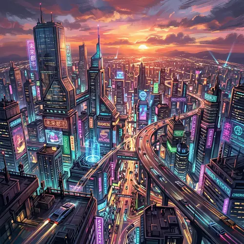 Futuristic Cityscape Painting at Sunset | Vibrant Neon Colors