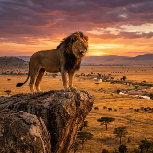 Majestic Lion Atop Rocky Cliff - Golden Savannah Sunset View