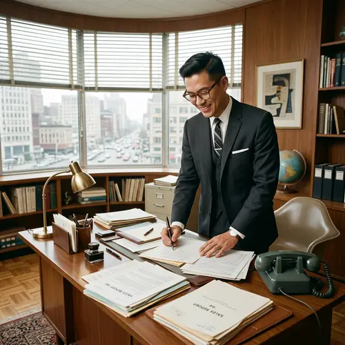 Retro-Styled Asian Business Person at Vintage Desk