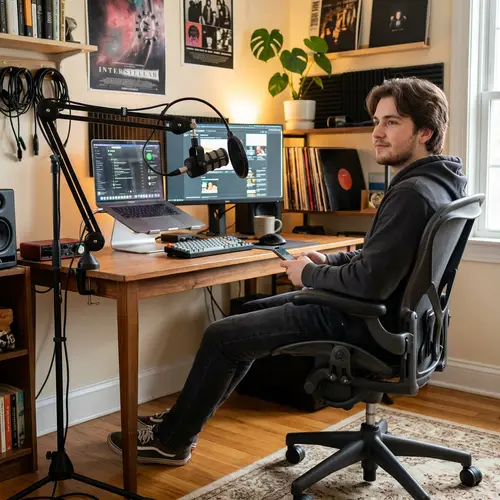 Young Man at Desk with Laptop and Microphone