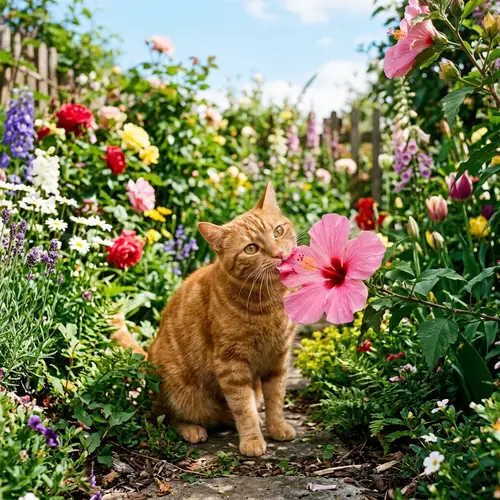 Playful Ginger Cat in Colorful Garden with Hibiscus Flower