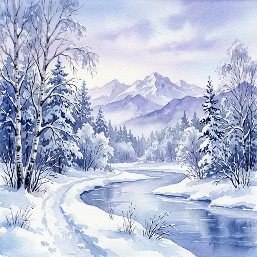 Tranquil Winter Morning Landscape Watercolor Painting