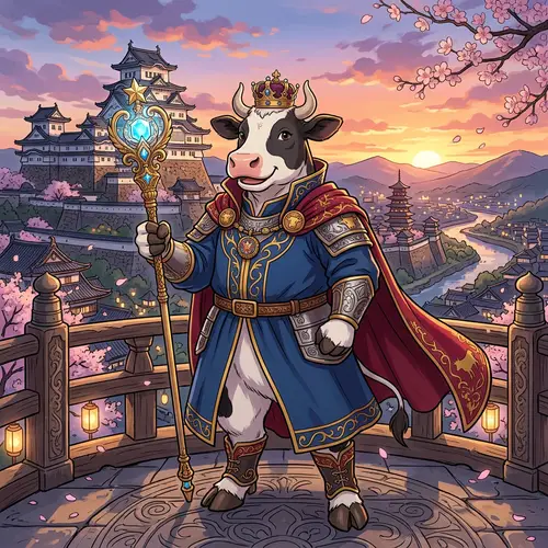 Anthropomorphic Cow with Scepter in Anime Style
