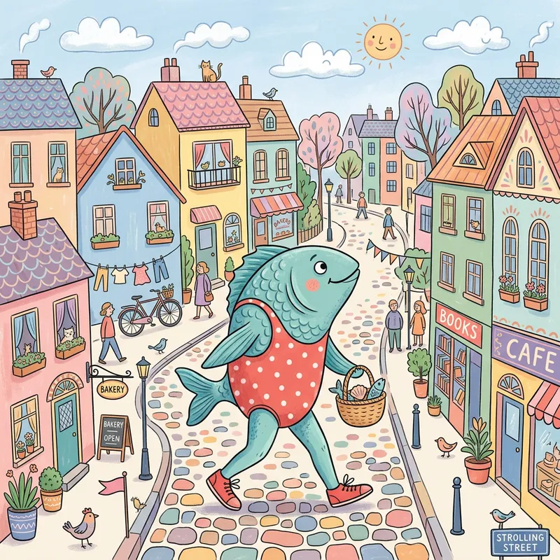 Funny Fish with Legs in Red Polka Dot Swim Suit Walking through Colorful Street