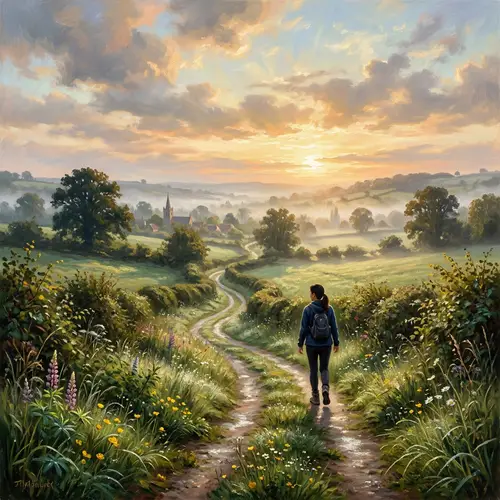 Morning Walk in Rural Setting - Serene Path Amid Lush Green Fields