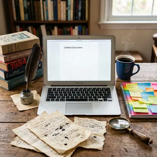 Creative Writing Workspace with Silver Laptop and Vintage Elements