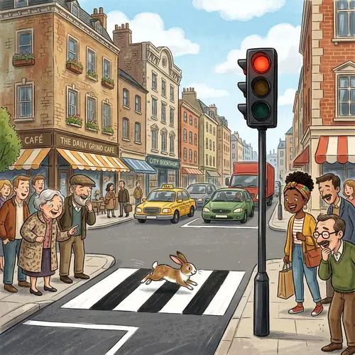 City Scene with Zebra Crossing and Rabbit in Motion