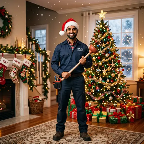 Festive South Asian Male Plumber in Santa Hat with Plunger