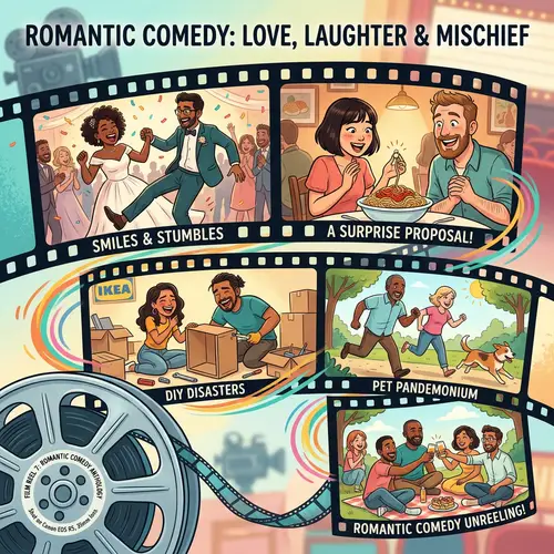 Colorful Romantic Comedy Film Reel Scene with Diverse Characters