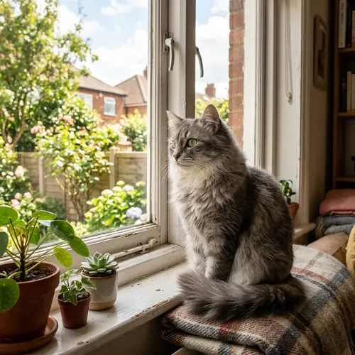 Serenely Sitting Fluffy Cat on Windowsill | Bright Green Eyes