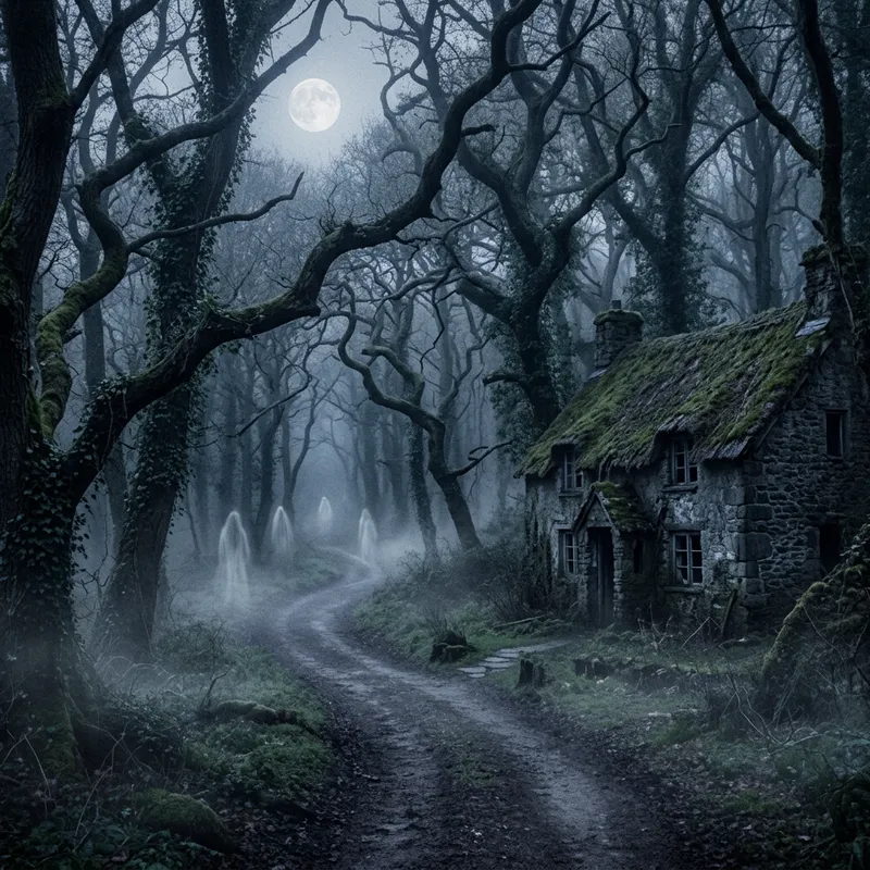 Scary English Folklore: Moonlit Path in Misty Forest