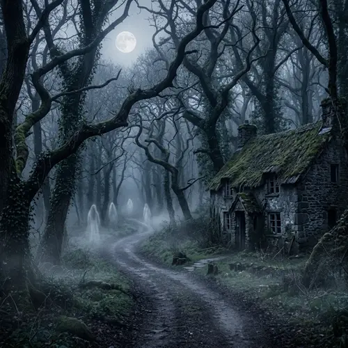 Eerie English Folklore: Moonlit Path Through Misty Forest