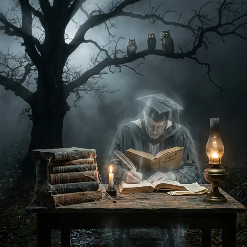 Spooky English Literature Scene with Ghostly Scholar