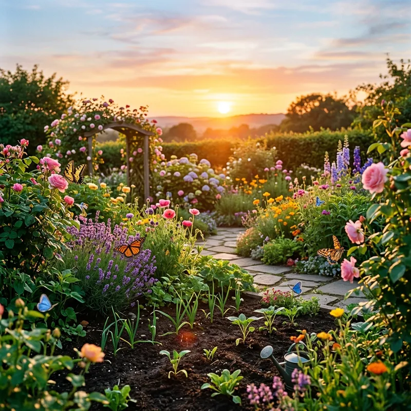 Vibrant Garden Scene with Warm Sunset
