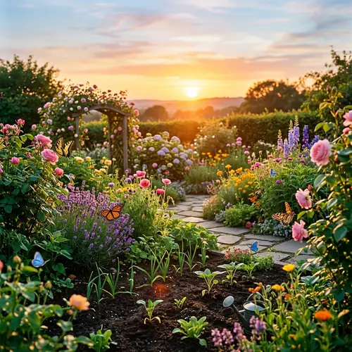 Vibrant Garden Scene with Warm Sunset