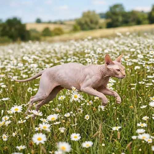 Sphynx Cat Running in a Daisy Field