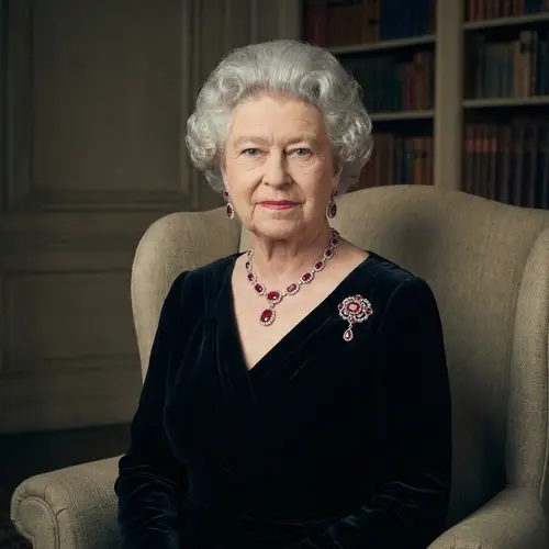 Elderly Female Public Figure Portrait | Regal Aura & Ruby Parure